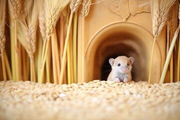 mouse in granary surrounded by wheat seeds - obrazy, fototapety, plakaty