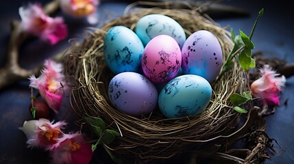 Fototapeta na wymiar Easter joy: vibrant colored eggs and nest arrangement for cheerful greeting card design