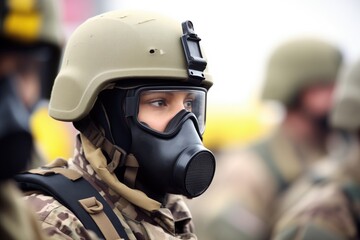 soldiers in gas masks during chemical defense drill