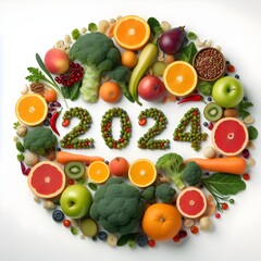 The New Year 2024 is made of vegetables and fruits, healthy food. Trends, healthy eating, goals concept. Generative AI.