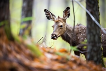 Fototapeta premium a moose calf following its mother through dense pine trees