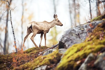 Naklejka premium moose navigating rocky terrain in boreal forest