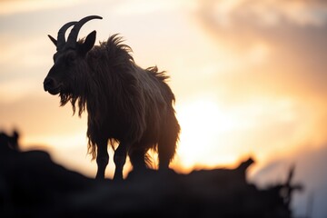 silhouette of mountain goat against sunset on cliff