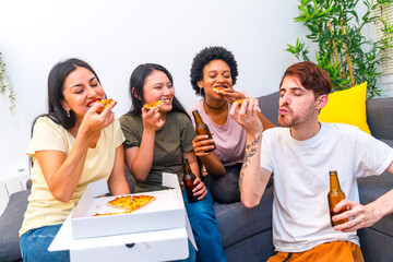 Friends enjoying weekend with a delicious pizza and beer