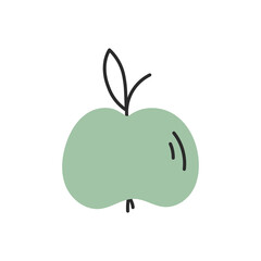 Green apple doodle illustration. Modern hand drawn vector fruit. Flat design with black line leaf for eco healthy food, farm product, drink, flavor, taste, diet, design