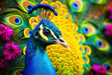 Obraz premium Peacocks, symbolizing grace and elegance, with their feathers adorned in bright Holi colors
