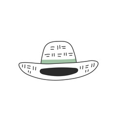 Straw hat doodle illustration. Vector summer headdress for gardener and farmer with green ribbon. Sun protection, vacation, travel concept design