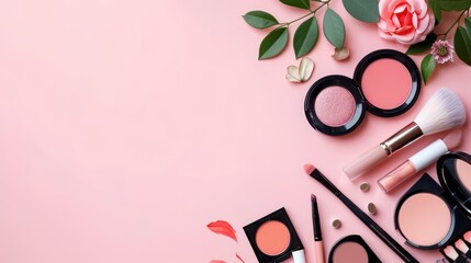 A banner-ready long web format designed for fashion and beauty blogging. Top-view composition of makeup products and decorative cosmetics against a peach-colored background, with ample copy space.
 - obrazy, fototapety, plakaty
