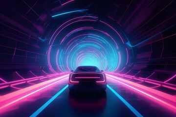 Illustration of a futuristic car speeding through a vibrant tunnel of blue and pink lights. Generative AI - obrazy, fototapety, plakaty