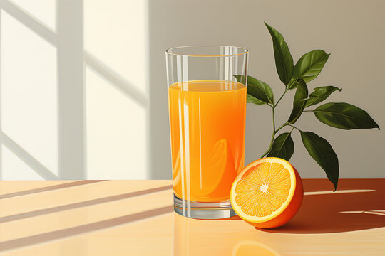 An artistically rendered depiction of a glass of vibrant orange and carrot juice, embracing minimalism to showcase the freshness and simplicity.