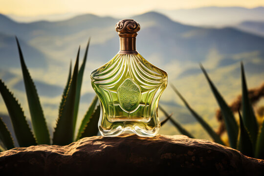 Photo of a bottle of tequila, focusing on its sleek shape and the iconic agave plant