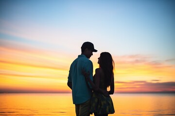 couples silhouette against a vibrant sunset on the ocean