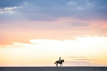 Obraz na płótnie Canvas horse and rider in silhouette on horizon at sunset