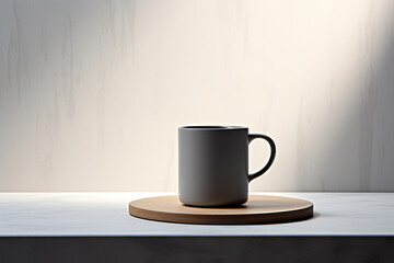 A captivating visual narrative presenting a minimalist black coffee in a stylish mug, set against a plain background in consistent shades of muted grays.