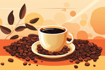 Obraz premium A sleek and modern illustration showcasing a minimalist black coffee served in a classic mug, surrounded by coffee beans in consistent earthy tones, creating a serene.