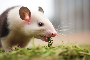 opossum with mouthful of grass