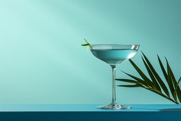 A minimalist presentation of a classic martini glass filled with a sophisticated gin and vermouth cocktail, adorned with a single olive.