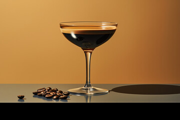 An artistically rendered depiction of a minimalist espresso martini cocktail in a sleek glass, with a single coffee bean as garnish, creating a visually rich.
