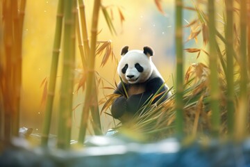 panda with bamboo in soft morning light