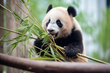 high angle of panda in bamboo habitat