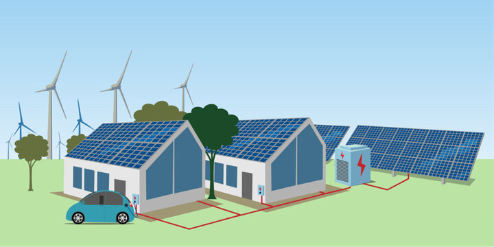Renewable energy,  solar panels and wind turbines generating sustainable power, home battery energy storage.  Electric car charging on renewable smart electricity.  Vector Illustration