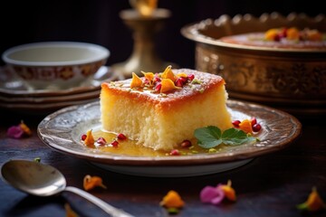 Semolina cake honey spoon. Tasty sweet pastry bakery sugar