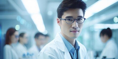 Portrait, scientist or asian male professional working in a laboratory for medical science research, biotechnology or chemistry. Confident, student or young man wearing a lab coat for science - obrazy, fototapety, plakaty