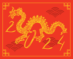 Chinese dragon vector. Chinese New Year 2024, on a red background. Traditional greeting cards, invitations, large banners, posters, gift wrapping.