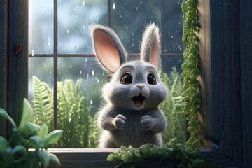 A curious sad rabbit looking out of the window