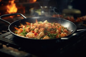 Kimchi with shrimp in a frying pan