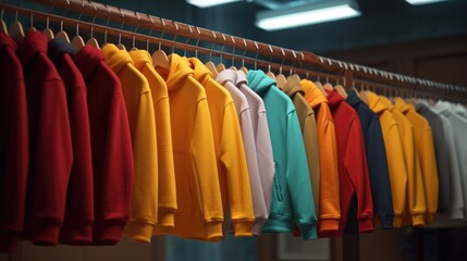 Hoodies of different colors hang on a hanger