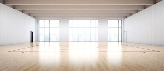 Interior of a fitness hall Empty Indoor basketball court. Horizontal panoramic wallpaper with copy space.