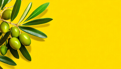 Fototapeta na wymiar Closeup of an olive branch with green olives fruits and leaves on a yellow background with copy space. Generative Ai.