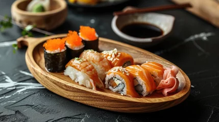 Fotobehang Sushi Set sashimi and sushi rolls served on stone slate © Julia Jones