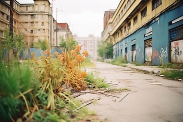 Fototapeta na wymiar overgrown plants covering a deserted urban street