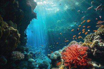 Fototapeta na wymiar A bright underwater world with coral reefs