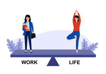 Work life balance concept. Businesswoman and yoga woman on scale in flat design.