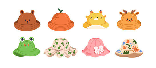 Kids panama designs set. Funny summer hat with brim, headwear, childrens head accessory. Sun protection headgear for baby, child. Colored flat graphic vector illustrations isolated on white background