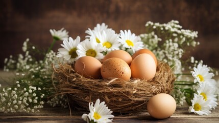 A bunch of eggs sitting on top of a bunch of flowers. Rustic Easter background