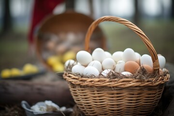 basket of eggs near a hen house
