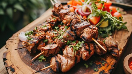 Grilled meat skewers on wooden plate, barbecue lunch cooked perfectly