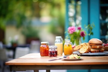 freshly baked bread and jams on an outdoor table