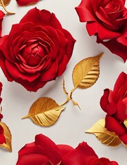 Light colors, ultra-sharp, 4K, top view of red roses laying on the right side of gold paper with copy space