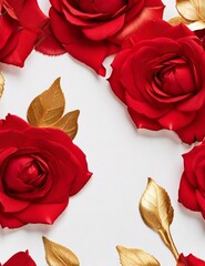 Light colors, ultra-sharp, 4K, top view of red roses laying on the right side of gold paper with copy space