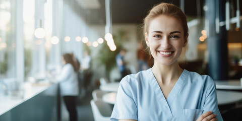 Portrait, female and nurse in a hospital or clinic for healthcare, intern or medical service. Confident, smile and friendly woman wearing scrubs for assistance, care or professional occupation - obrazy, fototapety, plakaty
