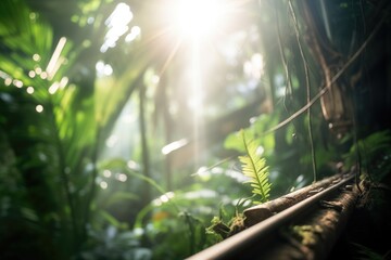 light rays peeking at a rail end in a green jungle