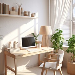 Home office interior. Workplace in light Scandinavian