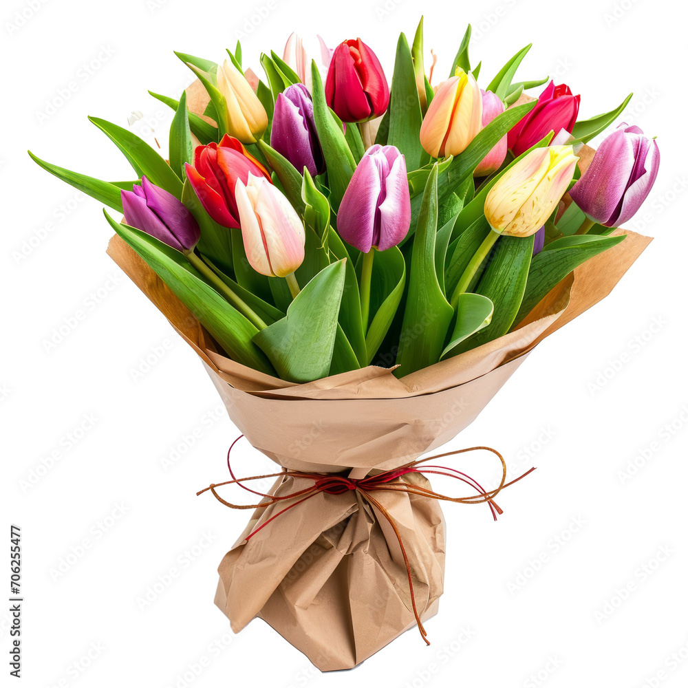 Aufkleber Bouquet of spring tulips with different color flowers wrapped in paper for present