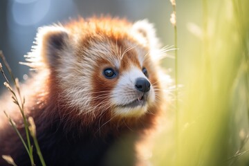 red panda with glossy eyes in dappled sunlight