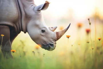 Foto op Canvas rhino nuzzling its young amidst wildflowers © primopiano
